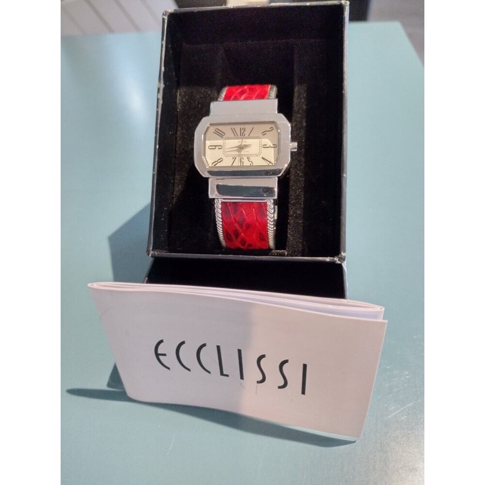 Ecclissi Sterling and Leather Cuff‎ Women's Watch, Red and Silver NIB